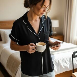 UGG Women's Black Pajamas Shirt Button Front Short Sleeve Size L Cozy Soft